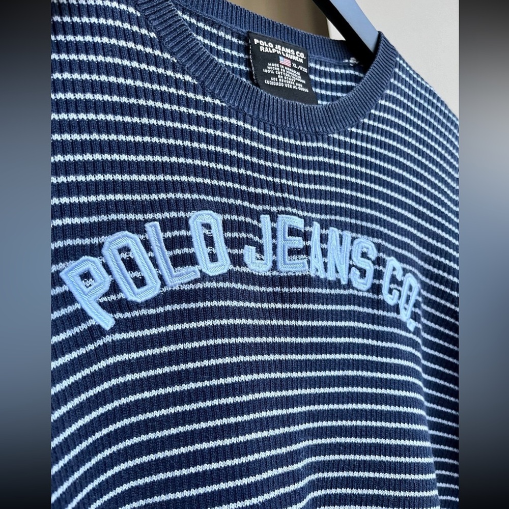 Ralph Lauren Polo Jeans Knit Sweater Ribbed Striped Logo Blue XS S Navy Blue - Picture 4 of 4